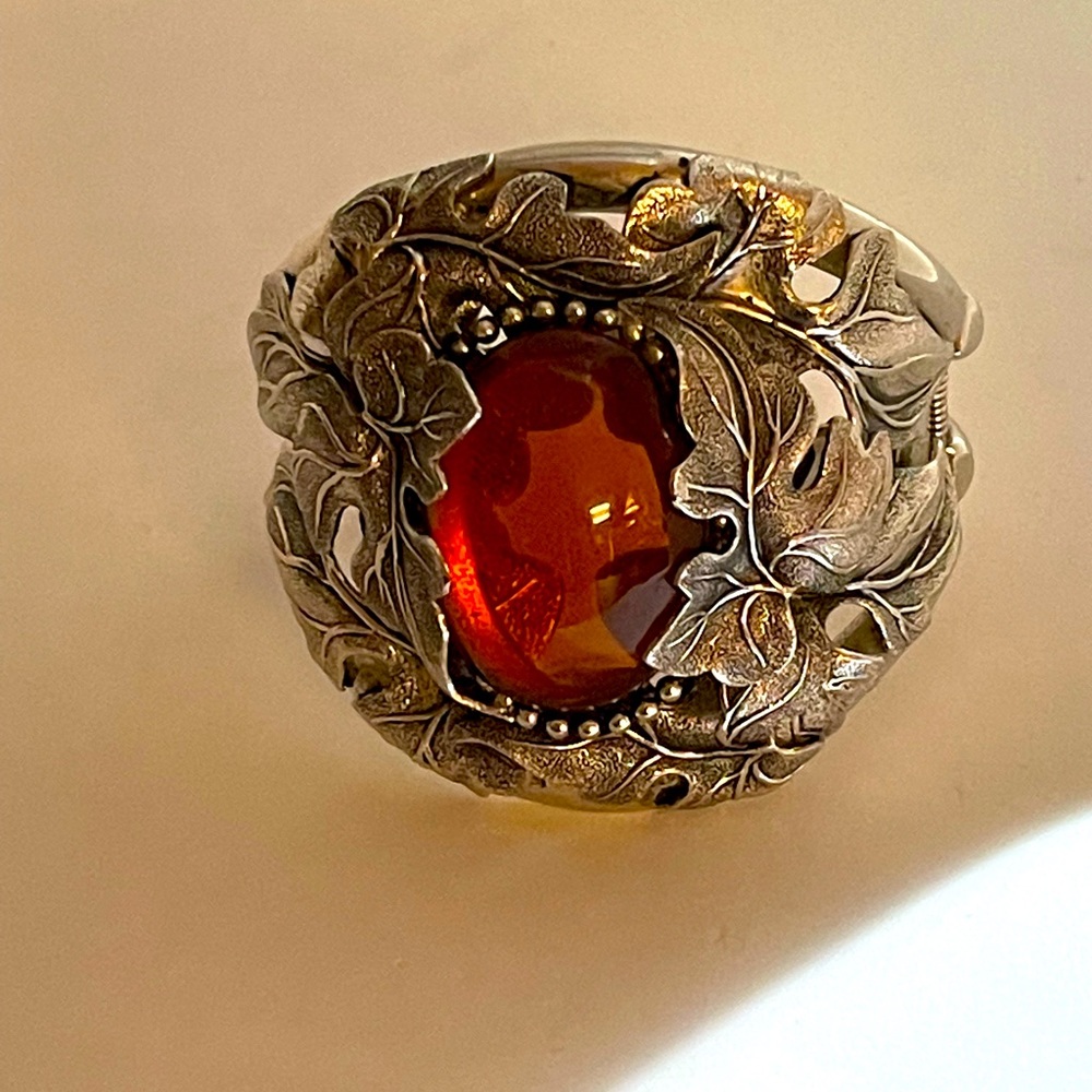 Vintage-Inspired Amber Glass Statement Bracelet - Silver Leaf Design